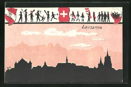 Künstler-AK Lausanne, Teilansicht u. Rahmen Schattenbild Männlein u. Schweizer Wappen