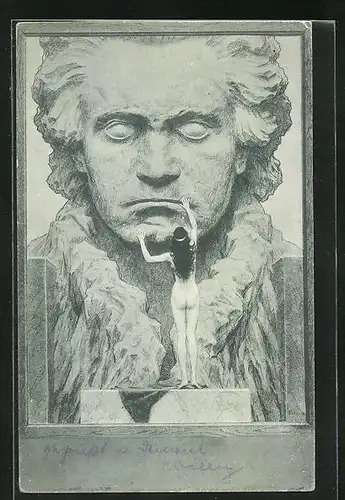 Künstler-AK Fidus: Nackte Dame berührt das Portrait Beethovens