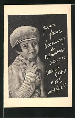 AK Reklame für Auto Dunlop Cord, Mädchen mit Schirmmütze