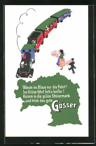 AK Steiermark-Austria, Brauerei-Werbung Gösser Brauerei A. G., Dame u. Herr mit Bierkrügen gehen auf Eisenbahn zu
