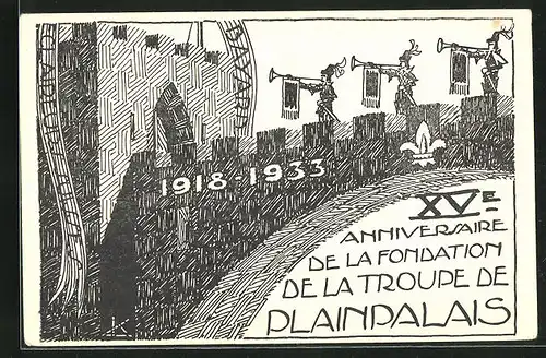 Künstler-AK Plainpalais, XV Anniversaire de la Fondation de la Troupe de Plainpalais 1933, Claireurs Suisses