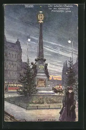 Künstler-AK F. Witt: Wien, Strassenbahn am Leucht-Obelisk
