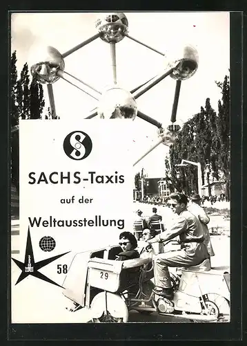 AK Brüssel, Sachs-Taxis auf der Weltausstellung 1958, Motorrad