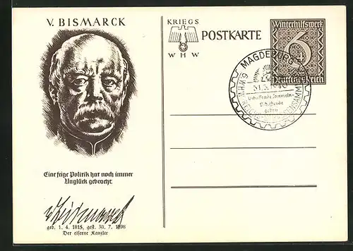AK Ganzsache WHW Winterhilfswerk, Portrait Fürst Otto von Bismarck, 