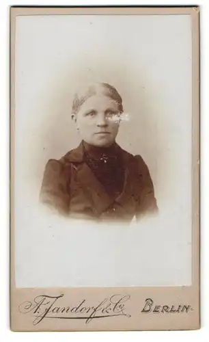 Fotografie Jandorf & Co, Berlin, Portrait Dame im schwarzen Mantel