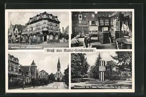 AK Mainz-Gonsenheim, Gasthaus Zum Waldschlösschen, Strasse der SA, Gedenkstein 1. Nass. Feld-Art.-Regiment Nr. 27