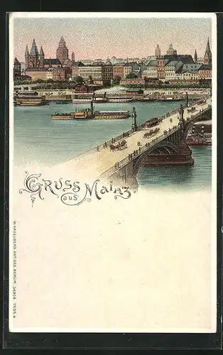 Lithographie Mainz, Ortsanansicht von der Brücke aus, Rückseite Bild von Mainz bei Nacht mit Brücke und Booten