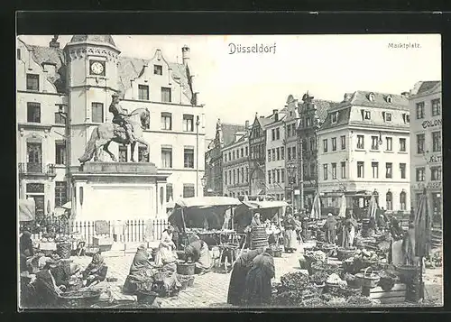 AK Düsseldorf, Marktplatz mit Reiterdenkmal, Marktstände