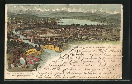 Vorläufer-Lithographie Zürich, 1894, Panoramablick auf Stadt und See