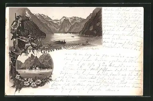 Vorläufer-Lithographie Königssee, 1893, Bergsteiger grüsst Boote auf dem See, Blick zur Ortschaft