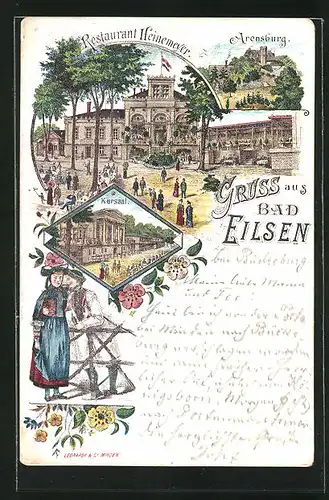 Vorläufer-Lithographie Bad Eilsen, 1895, Restaurant Heinemeyer, Kursaal, Arensburg