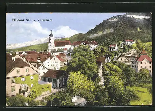 AK Bludenz, Ortsansicht mit Häusern und Kirche, Vorarlberg