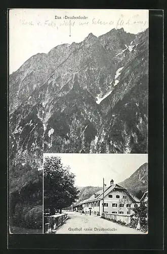AK St. Leonhard, Gasthof zum Drachenloch, Gebirgspanorama mit Drachenloch