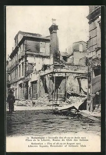 AK Salonique, Incendie de Aout 1917, Place de la Liberté, Restes du Club des Intimes