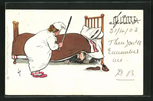 Künstler-AK L. Thackeray: Mann versteckt sich vor seiner Frau unterm Bett
