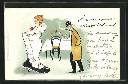 Künstler-AK L. Thackeray: Dame und Herr vor einem gedeckten Tisch