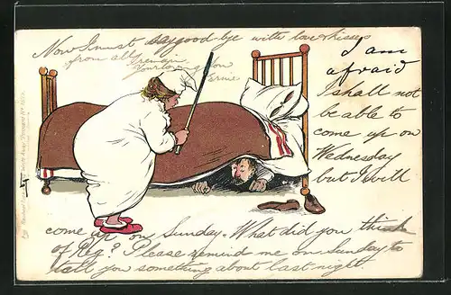 Künstler-AK L. Thackeray: Mann versteckt sich vor seiner Frau unterm Bett