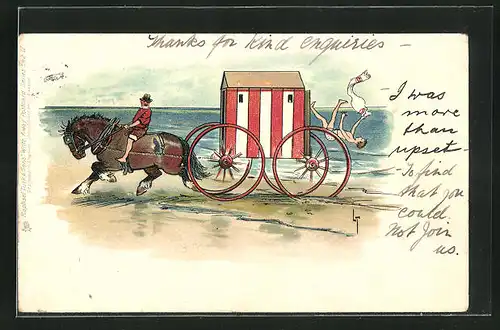 Künstler-AK L. Thackeray: Mann fällt am Strand aus Umzugswagen mit Pferdegespann