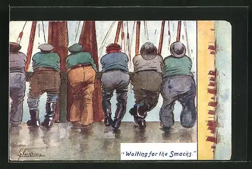 Künstler-AK L. Thackeray: Waiting for the Smacks, Rückenansicht von Männern auf der Reling