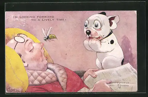 Künstler-AK George Ernest Studdy: Bonzo beobachtet eine Biene vor der Nase eines eingeschlafenen Mannes