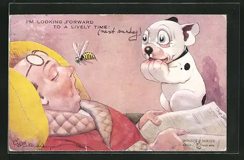 Künstler-AK George Ernest Studdy: Bonzo beobachtet eine Biene vor der Nase eines eingeschlafenen Mannes