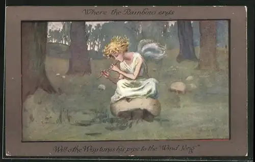 Künstler-AK S. Barham: Elf auf einem Stein im Wald sitzend mit Flöte