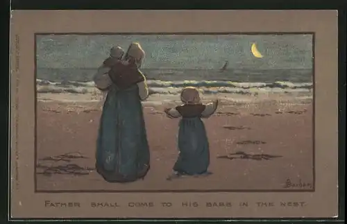 Künstler-AK S. Barham: Mutter mit Kind und Baby im Arm bei Mondschein am Strand