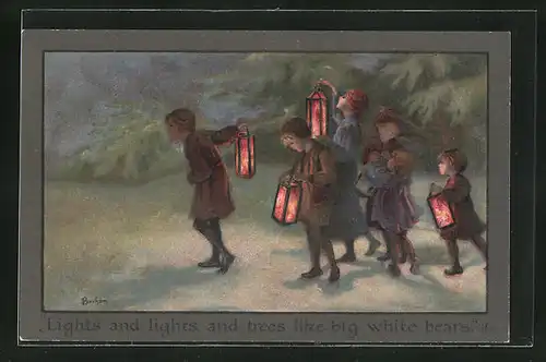 Künstler-AK S. Barham: Kinder mit Laternen laufen durch den Wald