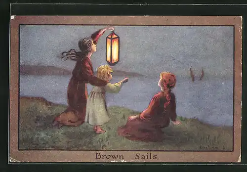Künstler-AK S. Barham: Brown Sails, Mädchen mit Laterne am Ufer