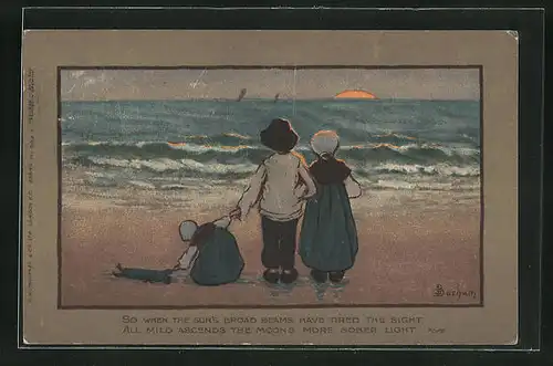 Künstler-AK S. Barham: Junge und Mädchen in Holzschuhen mit Schwesterchen und Puppe am Strand