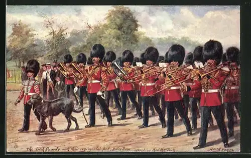 Künstler-AK Harry Payne: The Irish Guards, Irische Soldaten in Uniformen mit Blasinstrumenten und Sanitätshund