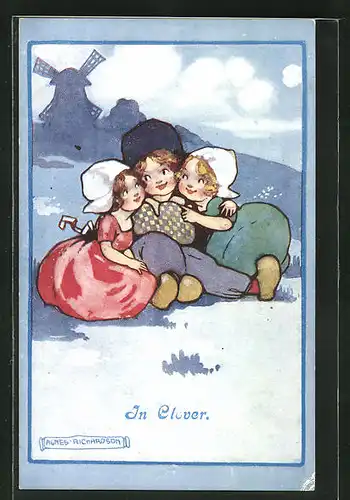 Künstler-AK Agnes Richardson: In Clover, Kleiner Holländer mit zwei Mädchen im Arm