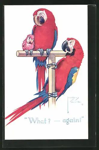 Künstler-AK Lawson Wood: What? - Again!, Papageien mit Nachwuchs