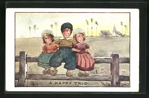 Künstler-AK I.M.J.: A happy Trio, Drei Kinder mit Holzschuhen auf einem Zaun sitzend