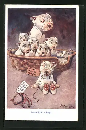 Künstler-AK George Ernest Studdy: Bonzo Sells a Pup, Bonzo und Hundejunge mit Schild verkauft um den Hals