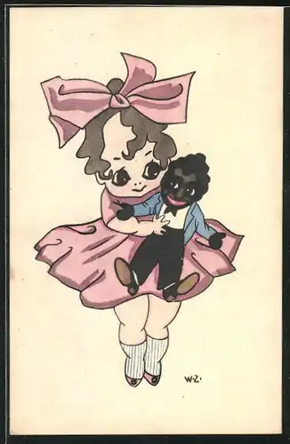 AK Mädchen mit Schleife hält eine Puppe