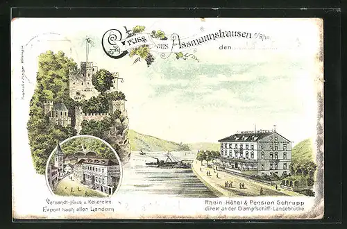Lithographie Assmannshausen am Rhein, Rhein-Hotel & Pension Schrupp, Versandt-Haus und Kellereien