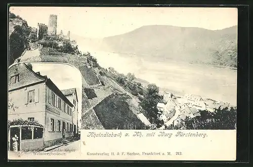 AK Rheindiebach, Gasthaus und Kelterei Kober, Panorama mit Burg Fürstenberg