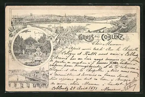 Vorläufer-Lithographie Coblenz, 1891, Neue Anlage, Moselansicht mit Brücke, Panoramablick auf die Stadt