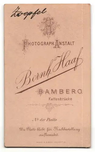 Fotografie Bernh. Haaf, Bamberg, Portrait junger Herr mit zeitgenöss. Frisur