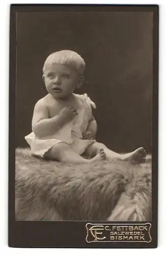 Fotografie C. Fettback, Salzwedel, Portrait niedlicher blonder Bube im Hemdchen auf Fell sitzend