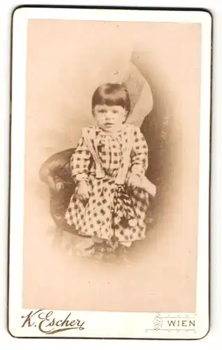 Fotografie K. Escher, Wien, Portrait kleines bezauberndes Mädchen im karierten Kleidchen
