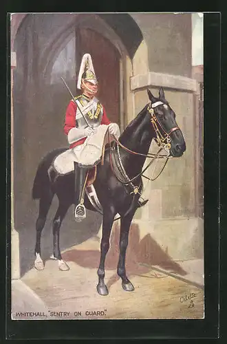 AK Whitehall, Sentry on Guard, Britischer Soldat in Uniform mit Pickelhaube zu Pferde