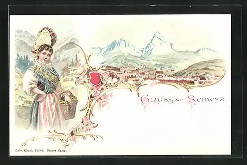 Lithographie Schwyz, Ortsansicht, Frau in Tracht