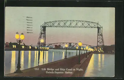 AK Duluth, MN, Lift Bridge and Ship Canal at Night
