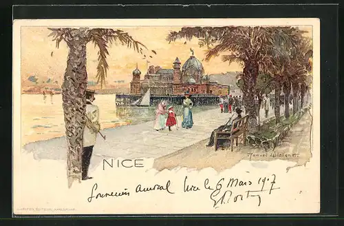 Künstler-Lithographie Manuel Wielandt: Nice / Nizza, Uferpromenade