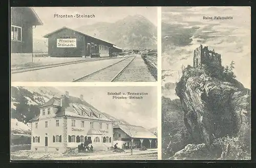 AK Pfronten-Steinach, Bahnhof u. Restauration, Ruine Falkenstein