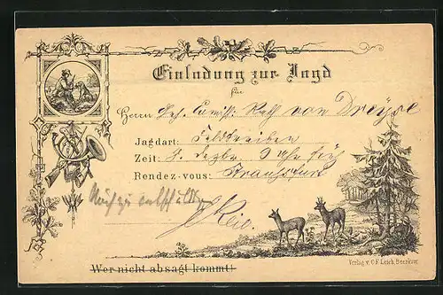 Vorläufer-AK Einladung zur Jagd, 1873, Wer nicht absagt kommt!