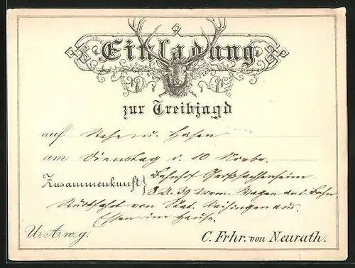 Vorläufer-AK Einladung zur Treibjagd, 1885, C. Frhr. von Neurath