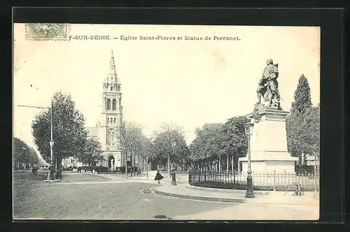 AK Neuilly-sur-Sein, Eglise Saint-Pierre et Statue de Perronet